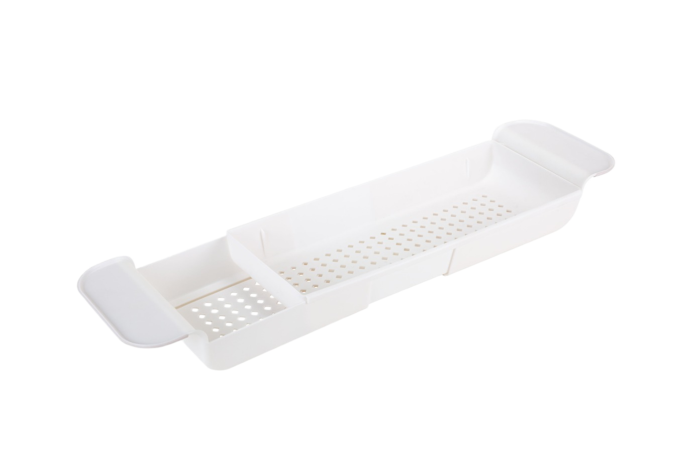 White expandable plastic bathtub caddy with non-slip edges for bathroom storage and organization under $50 category