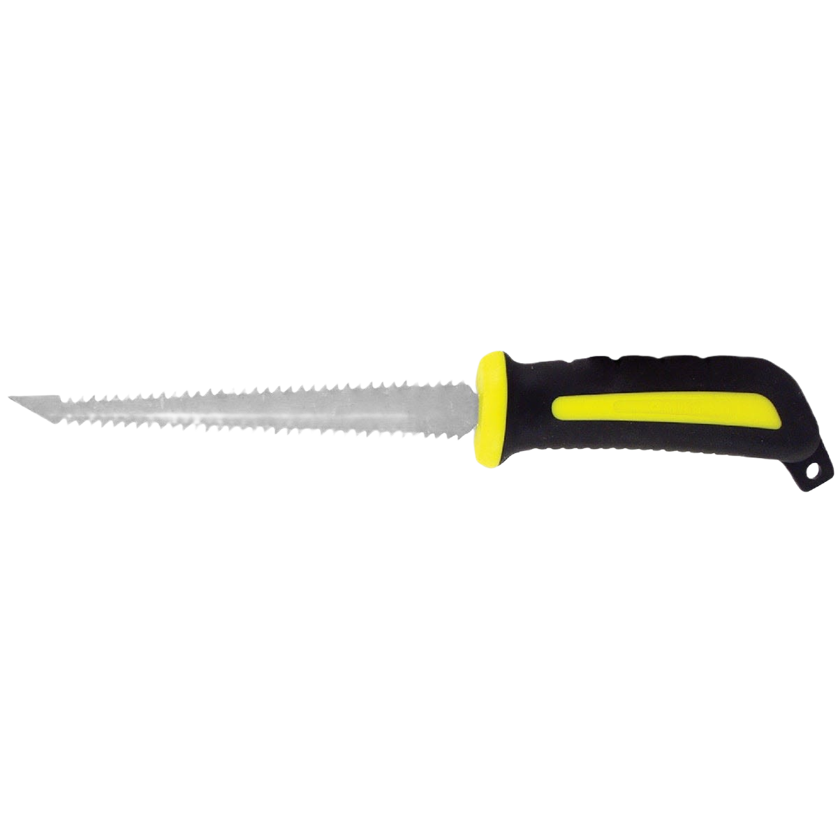 Drywall saw with yellow and black ergonomic handle and sharp serrated blade for home improvement tasks