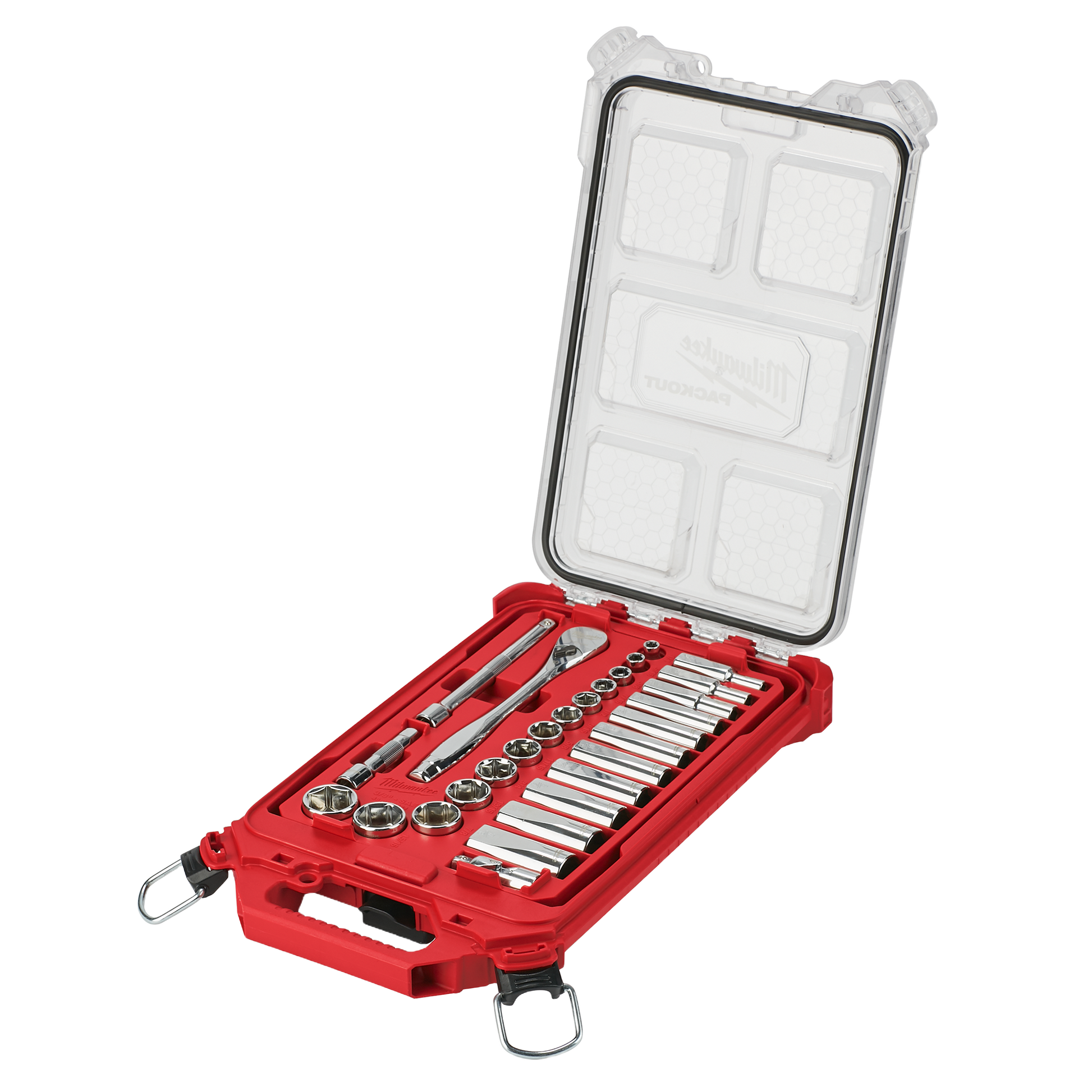 Compact red PACKOUT organizer case holding a 28-piece 3/8 inch socket set with ratchet and extensions for tools and home improvement