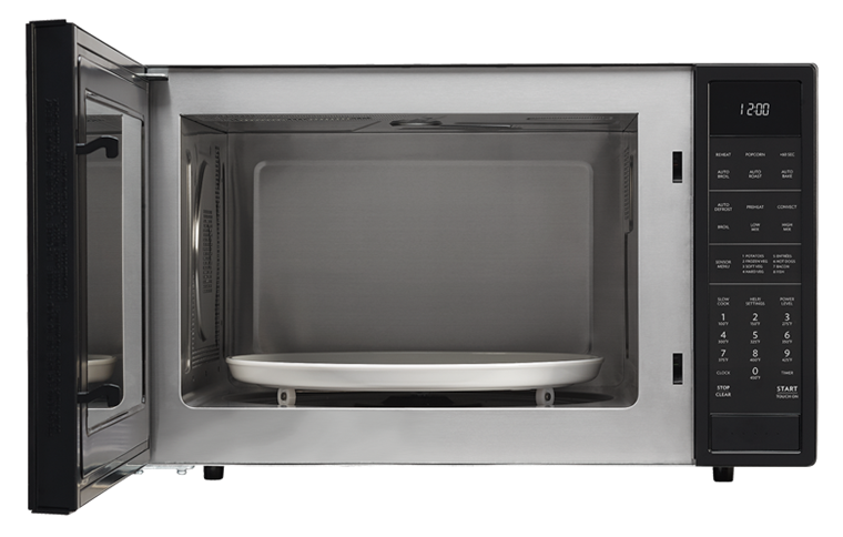 Stainless steel and black countertop microwave with convection feature, digital panel, and carousel turntable for kitchen appliances