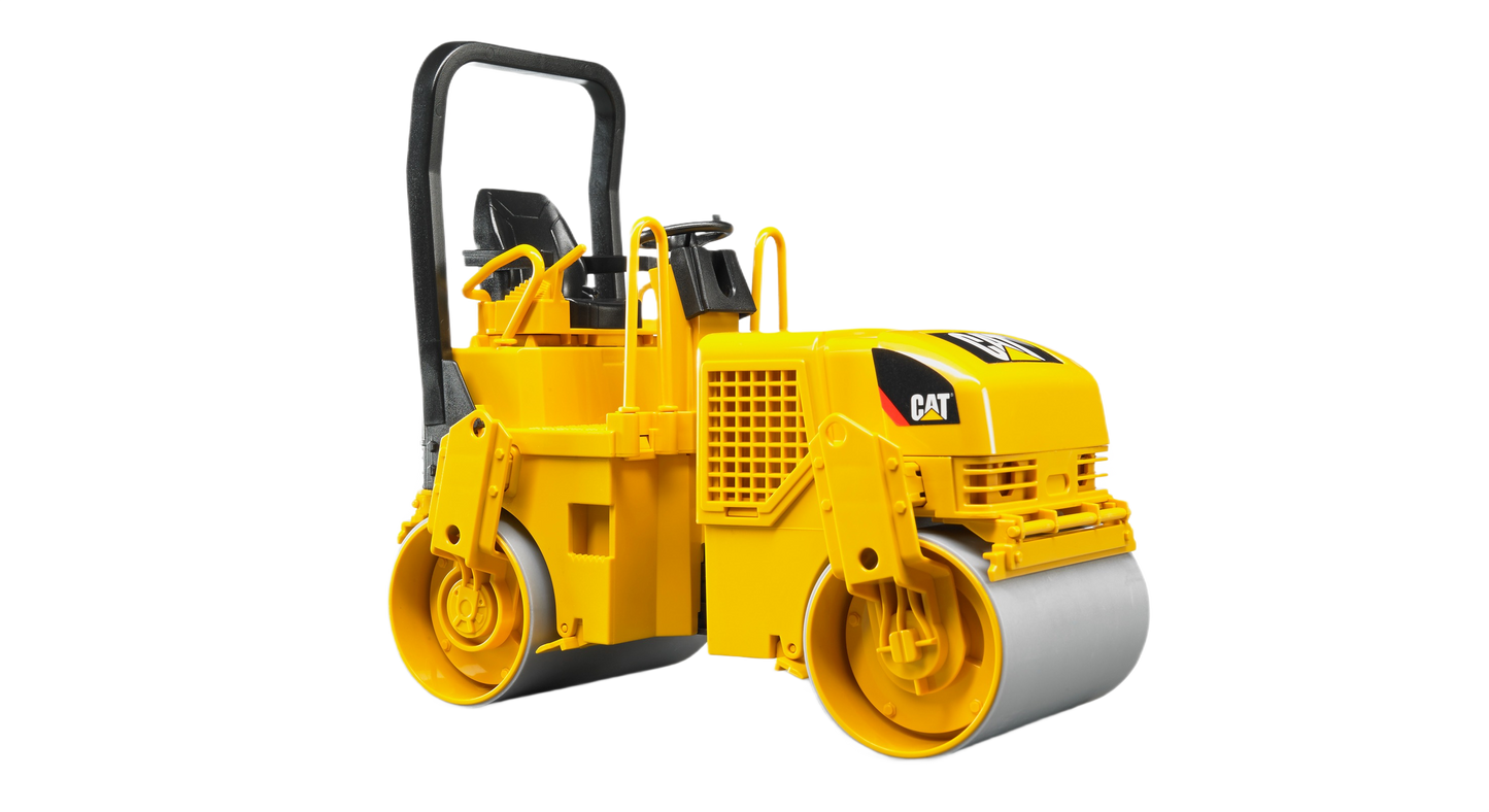 Yellow scale model of a CAT asphalt compactor with realistic drum rollers for construction toy collections and home improvement decor