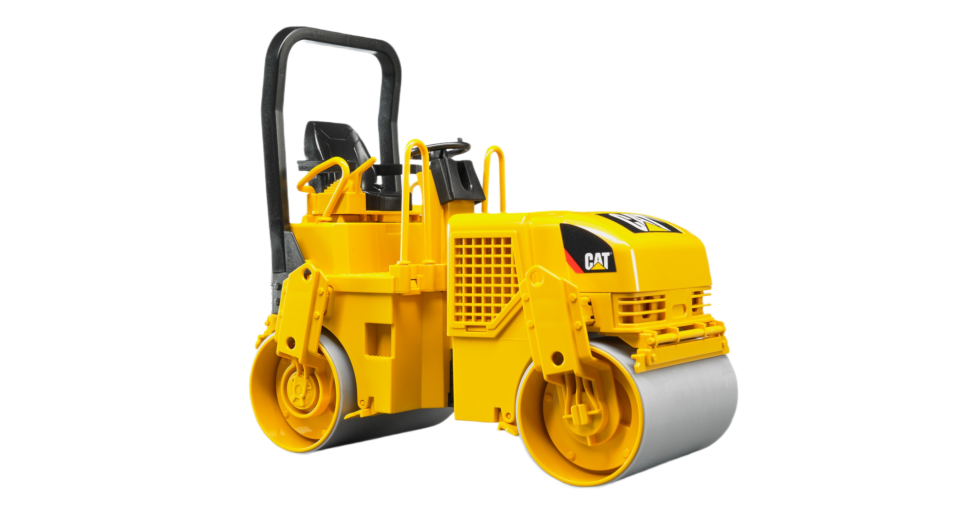 Yellow scale model of a CAT asphalt compactor with realistic drum rollers for construction toy collections and home improvement decor
