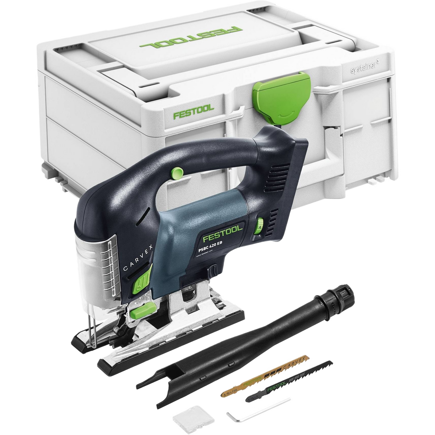 Cordless D-handle jigsaw with dust extraction attachment and accessories in branded Festool carrying case for power tools collection