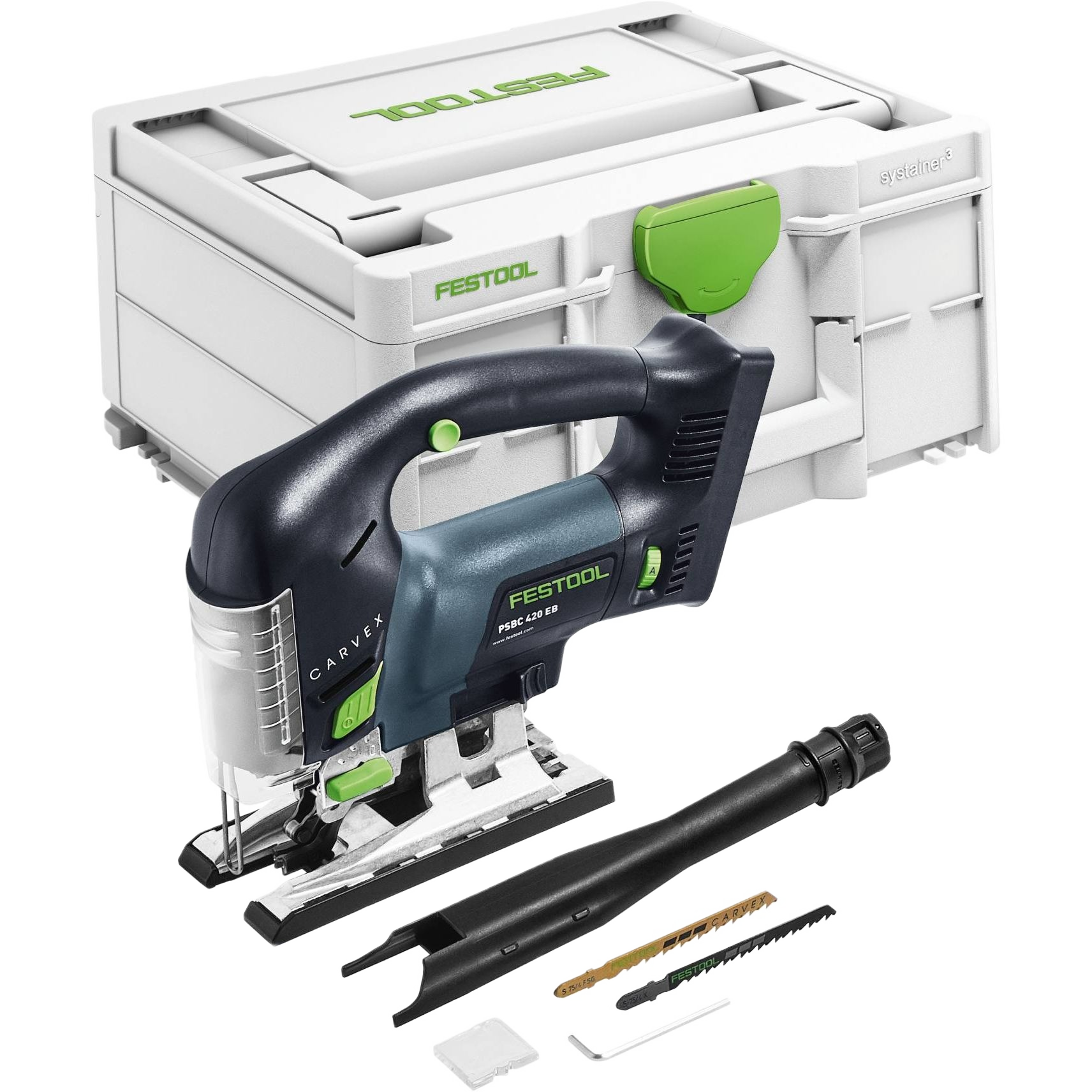Cordless D-handle jigsaw with dust extraction attachment and accessories in branded Festool carrying case for power tools collection