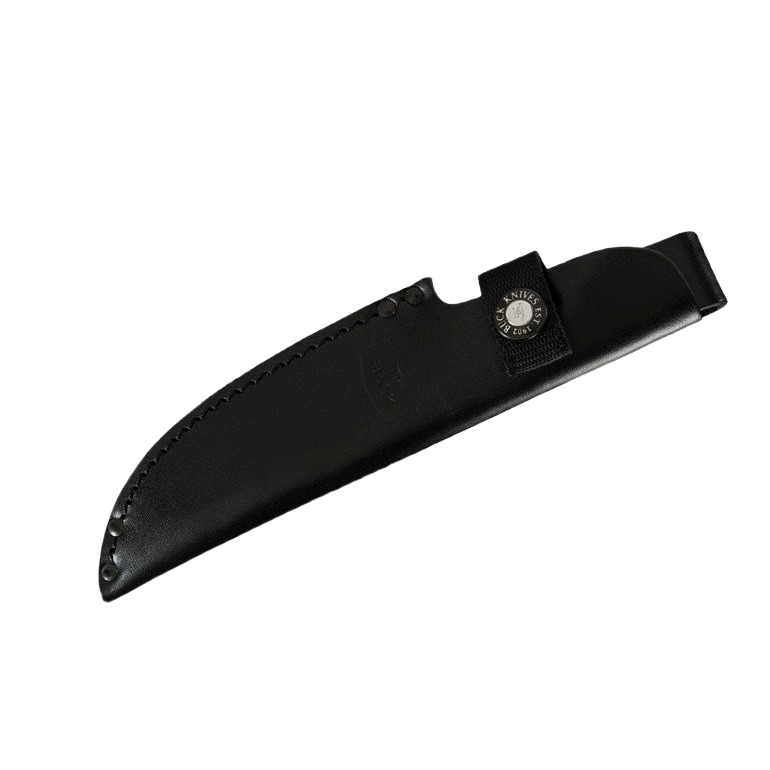Black leather knife sheath with snap closure for outdoor cutting and woodworking hand tools collection