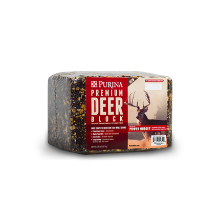 Block-shaped Purina premium deer feed supplement designed to provide essential nutrients for wildlife management