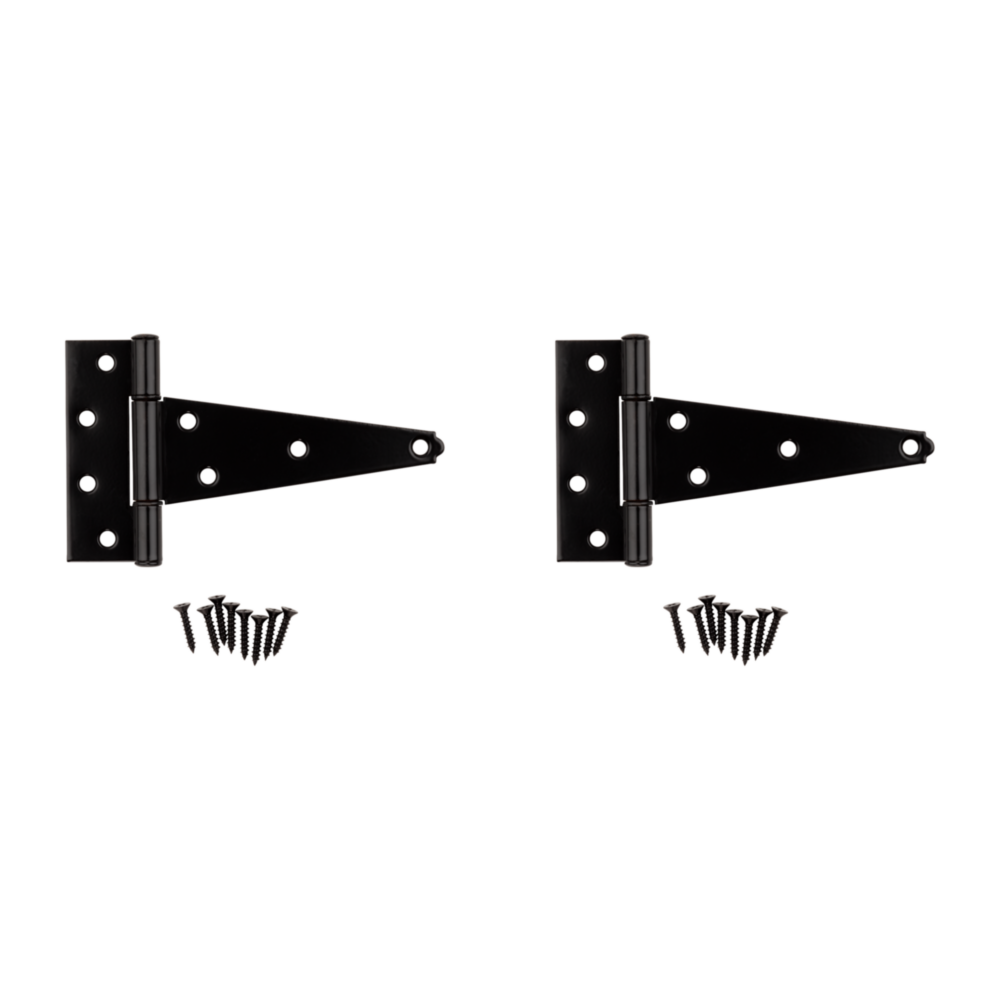 Set of two black 6-inch heavy-duty tee hinges with screws for barn doors and home improvement projects under $50