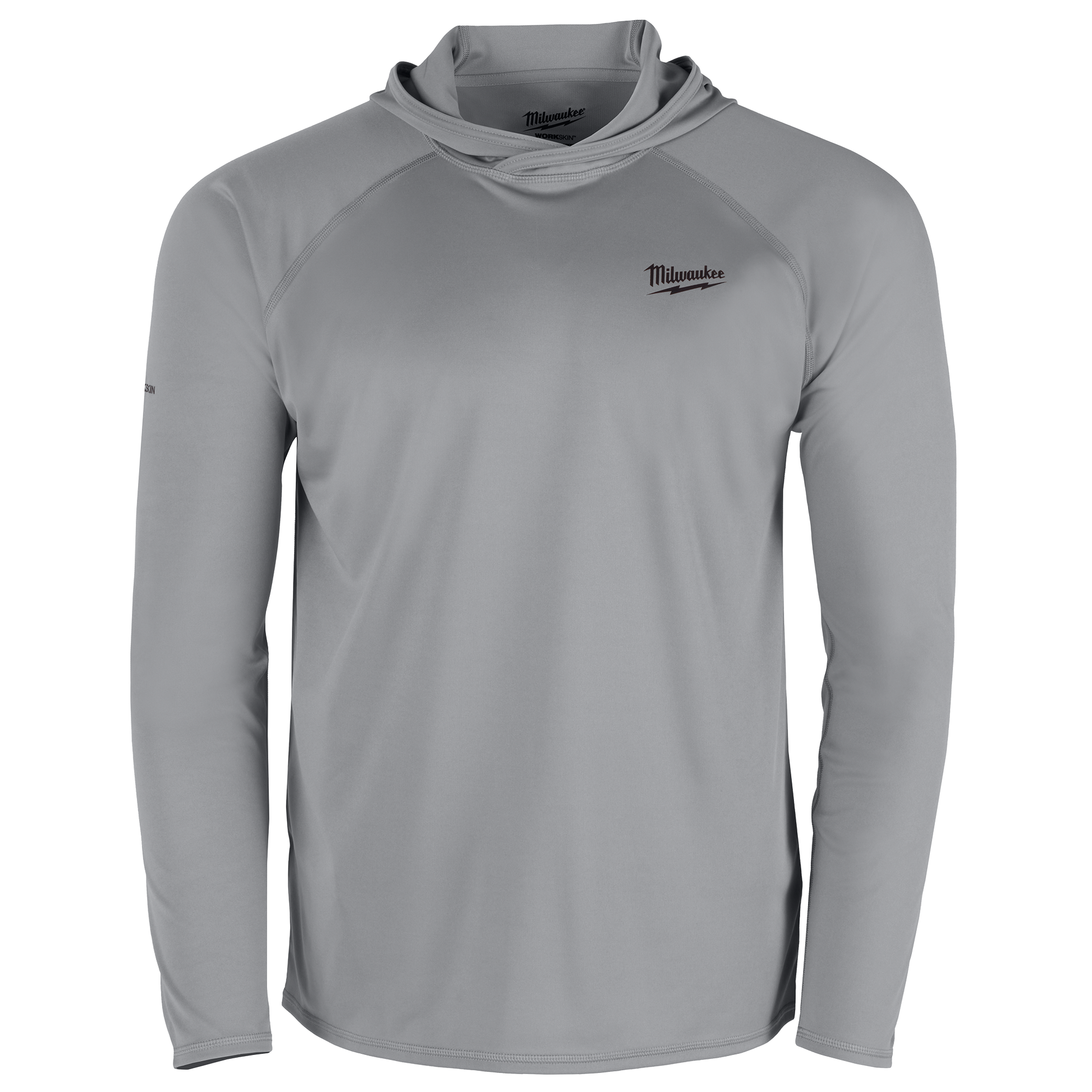 Gray hooded sun shirt with moisture-wicking fabric, designed for comfort in Milwaukee Apparel and Clothing collections under $50