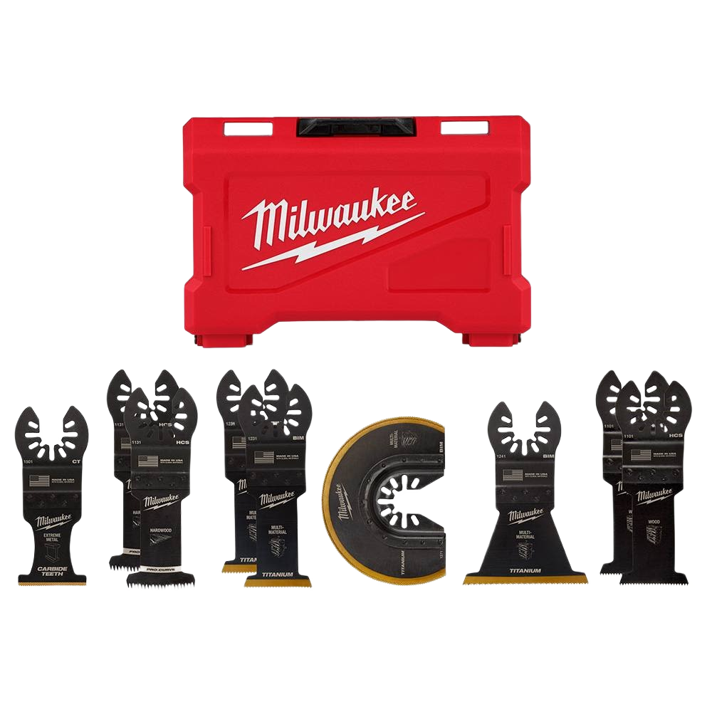 Set of nine black multi-tool blades with titanium and carbide finishes, displayed alongside a red carrying case for tool storage