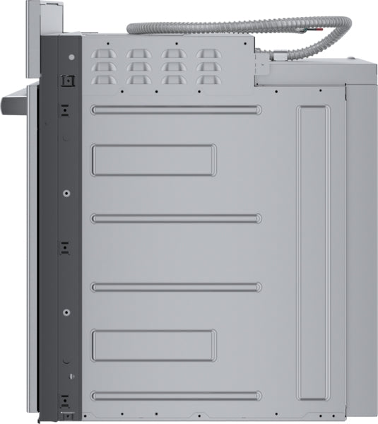 Side view of stainless steel single wall oven showcasing ventilation and flush installation features from Bosch appliances collection