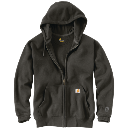 Men’s heavyweight loose fit full-zip hoodie in dark brown with hood, front kangaroo pocket, and Rain Defender finish from Carhartt collection