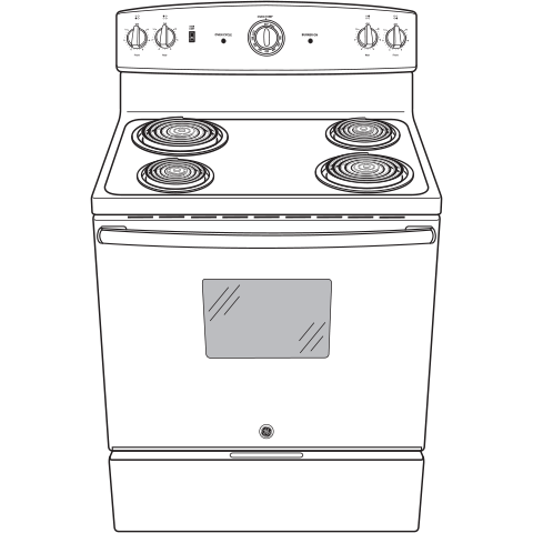 Line drawing of a freestanding electric range with four coil burners and control knobs on the back panel for kitchen appliances.