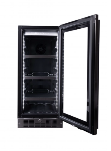 Built-in beverage center with glass door, interior LED lighting, adjustable shelving, and wine storage in Appliances collection