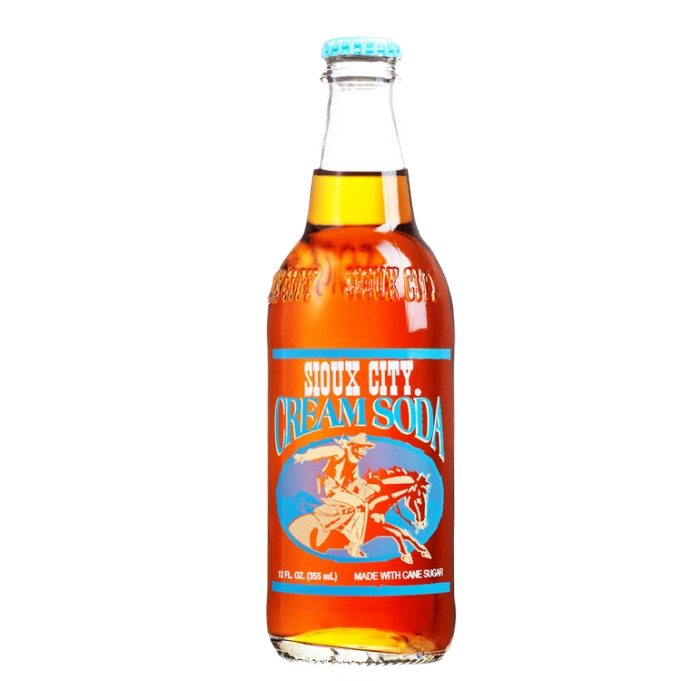 Glass bottle of Sioux City Cream Soda with vintage western label featured in Drinks and Food & Beverage collections