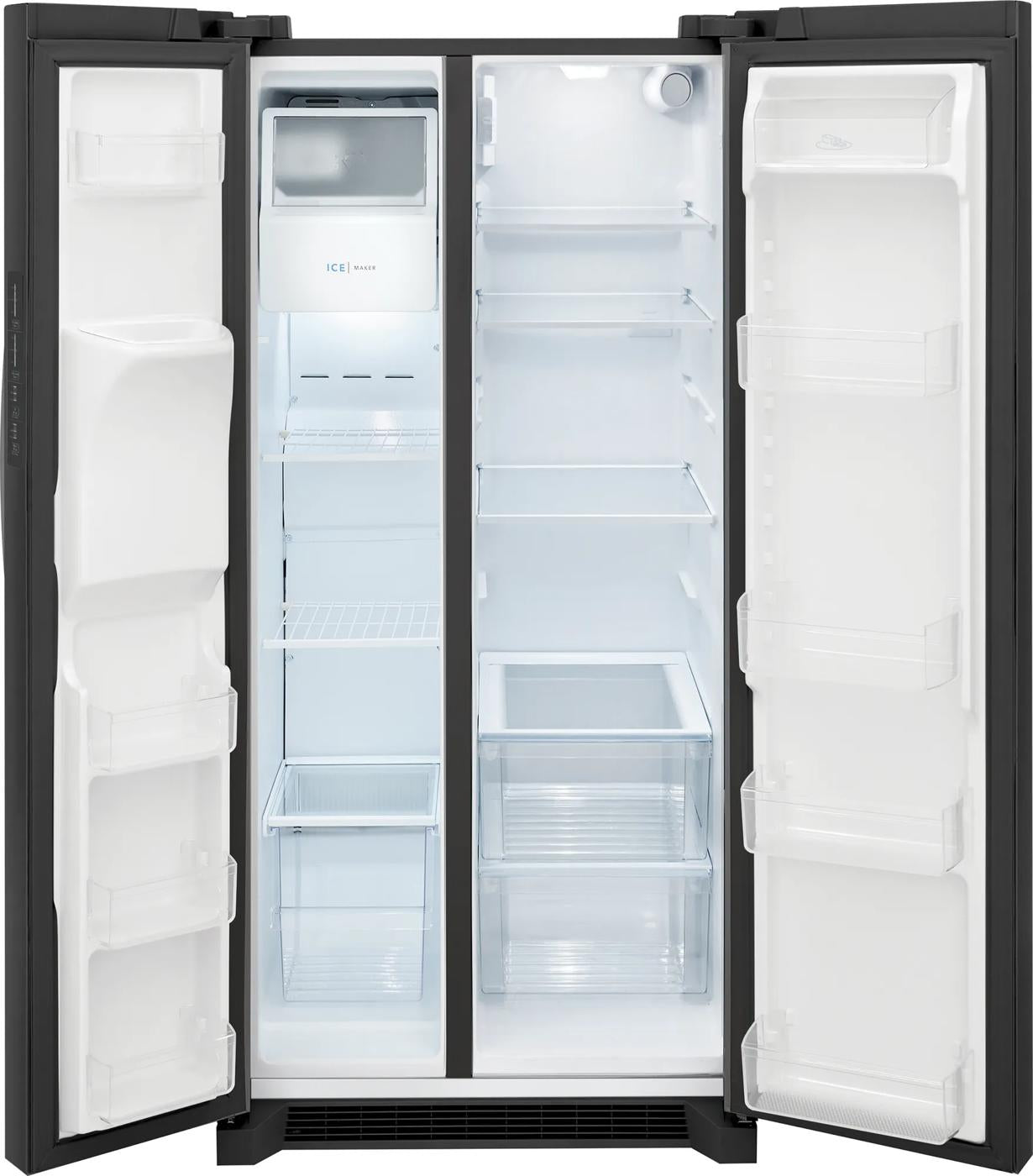 Open black standard depth side-by-side refrigerator with glass shelves and clear vegetable drawers for kitchen appliances collection