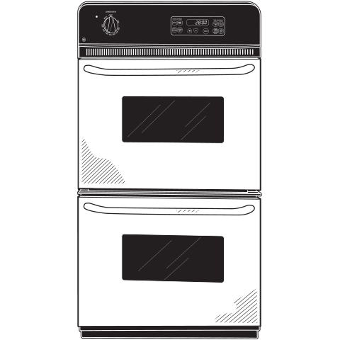 Front view of black and white double wall oven with digital timer and manual control knob from kitchen appliances collection