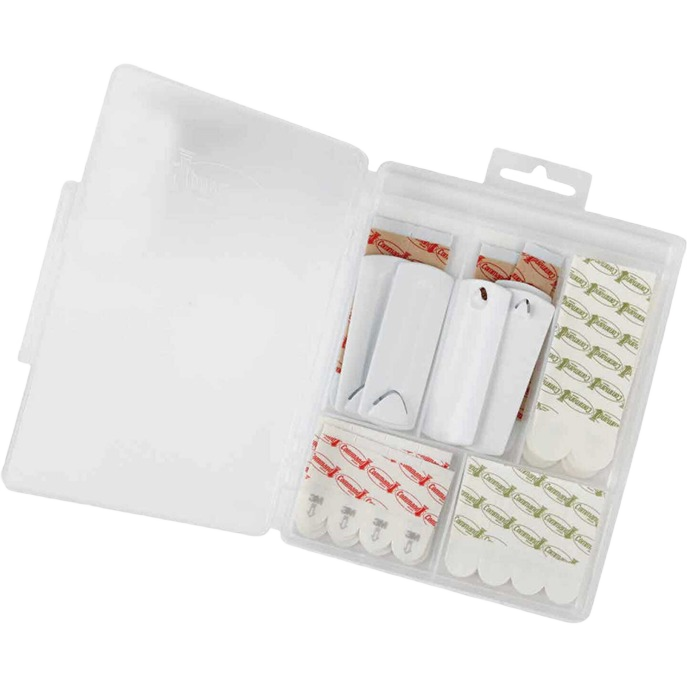 Organized kit of assorted adhesive picture hanging strips and hooks in clear storage case for home improvement and hardware needs