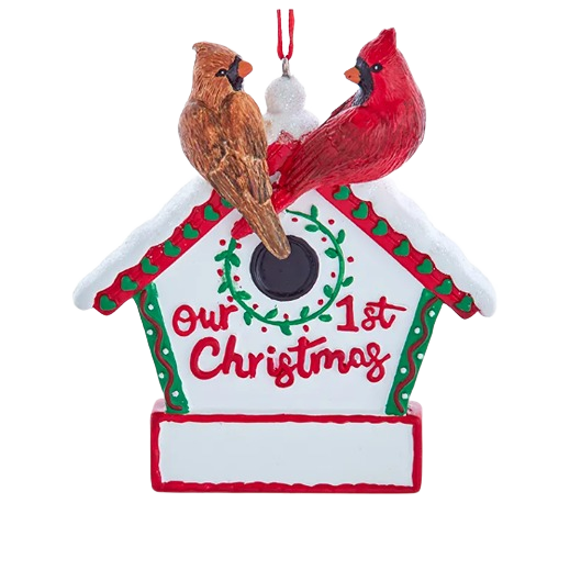Christmas birdhouse ornament with two cardinals and festive "Our 1st Christmas" lettering for holiday decorations