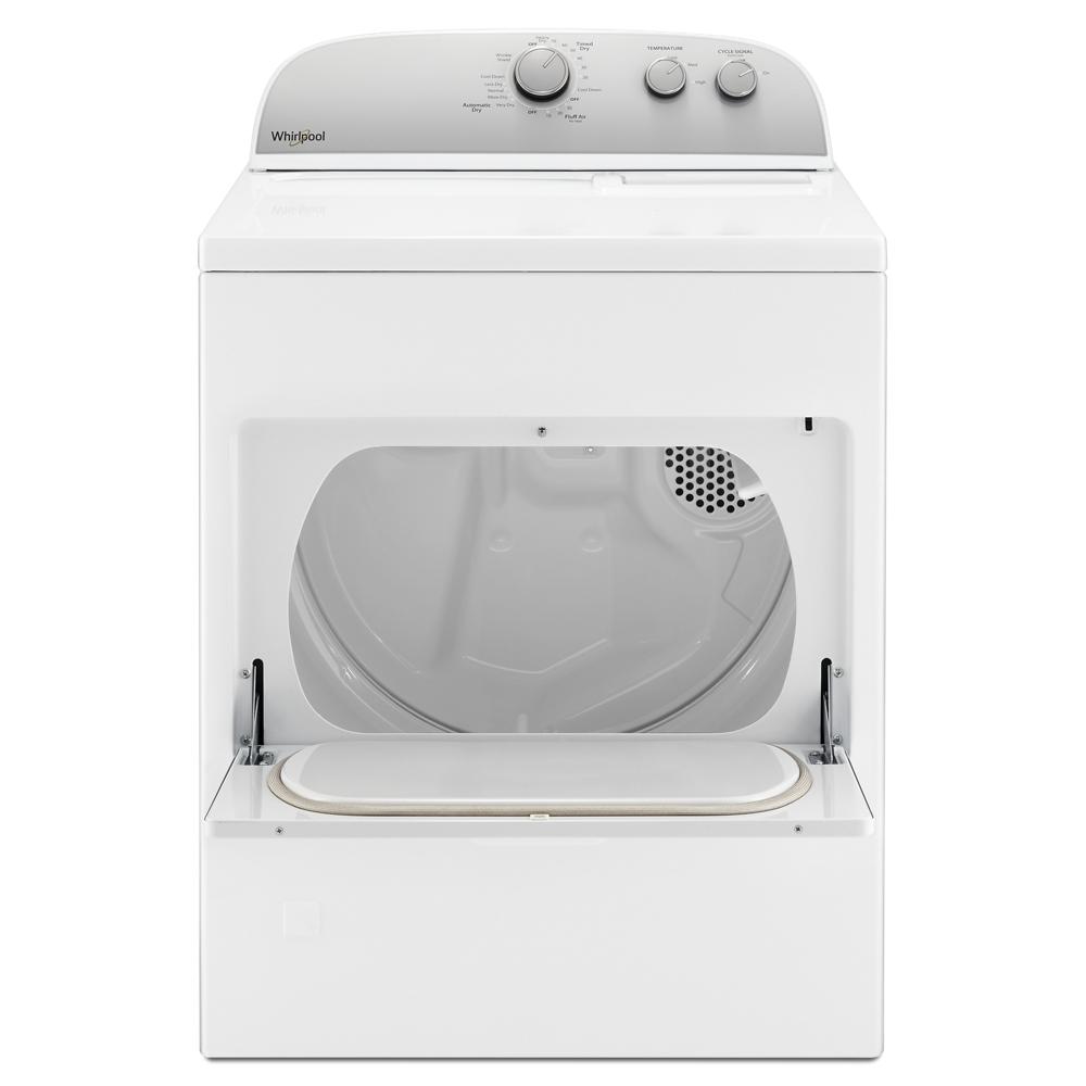 White top load gas dryer with open door showing empty interior drum and control knobs on silver panel