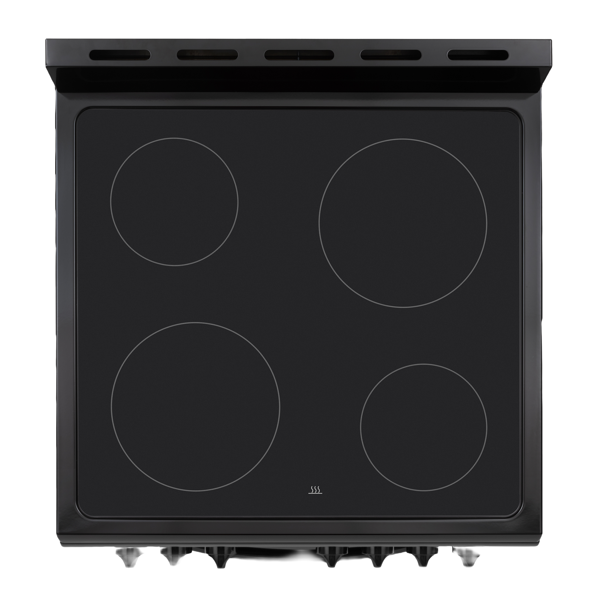Black electric range cooktop with four radiant heating elements and control knobs for kitchen appliances and home improvement.