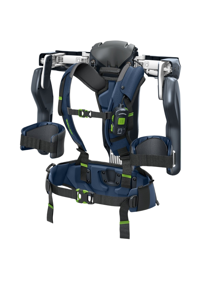 Blue and black ergonomic exoskeleton with padded straps and control unit for enhanced support in power tool accessories collection