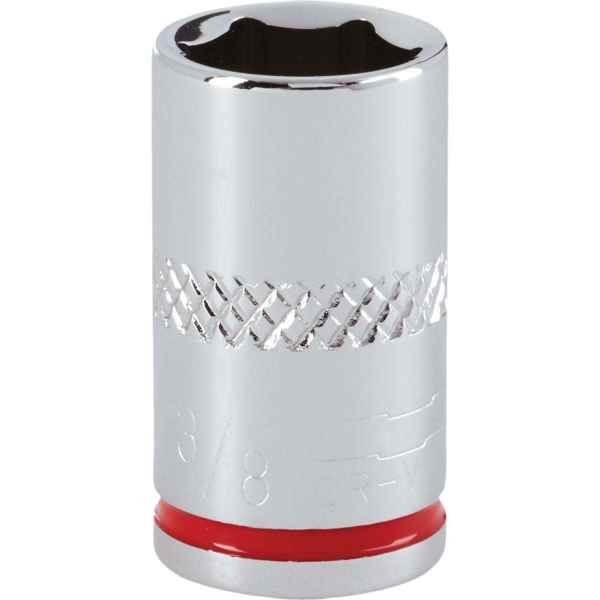 Chrome 6-point shallow socket with knurled grip and red color band for use in hand tools and socket sets under $50