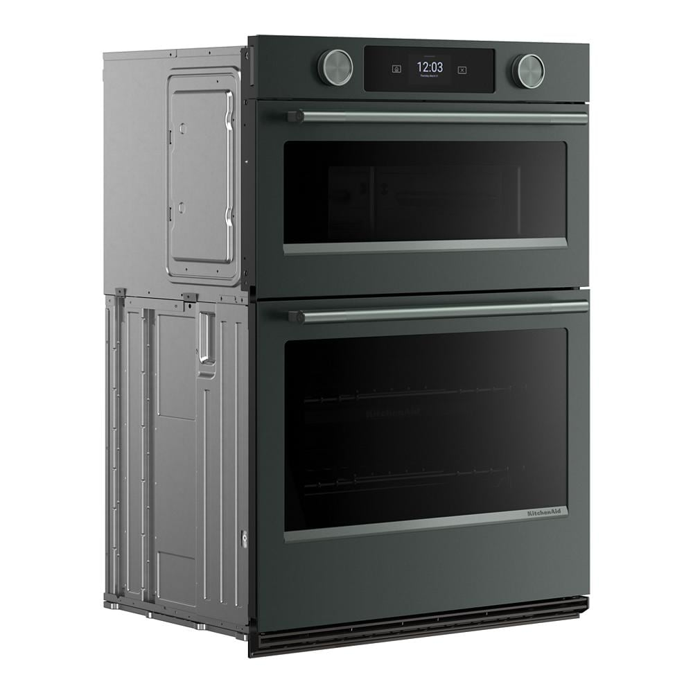 Modern 30-inch smart electric combo wall oven in Juniper with dual compartments, digital display, and sleek control knobs, part of KitchenAid appliances for home improvement.