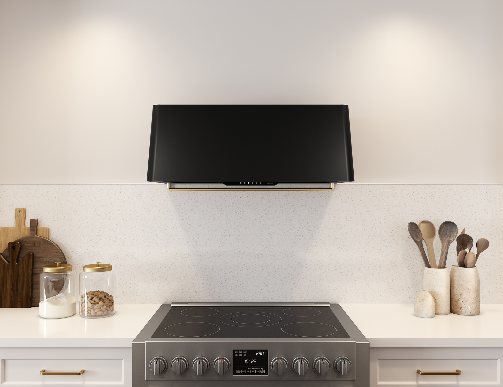 Modern black wall-mounted range hood above stainless steel electric cooktop in bright kitchen with light cabinetry