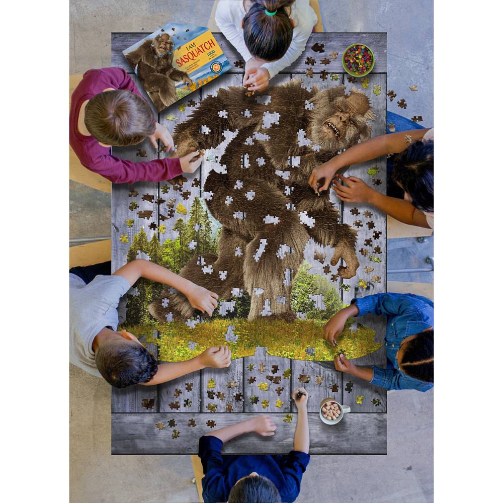 Children collaborating on a shaped Sasquatch jigsaw puzzle from the toys and games collection under $50