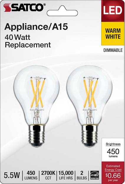 Two clear LED filament bulbs with intermediate bases, warm white light, energy-efficient for home improvement lighting projects.