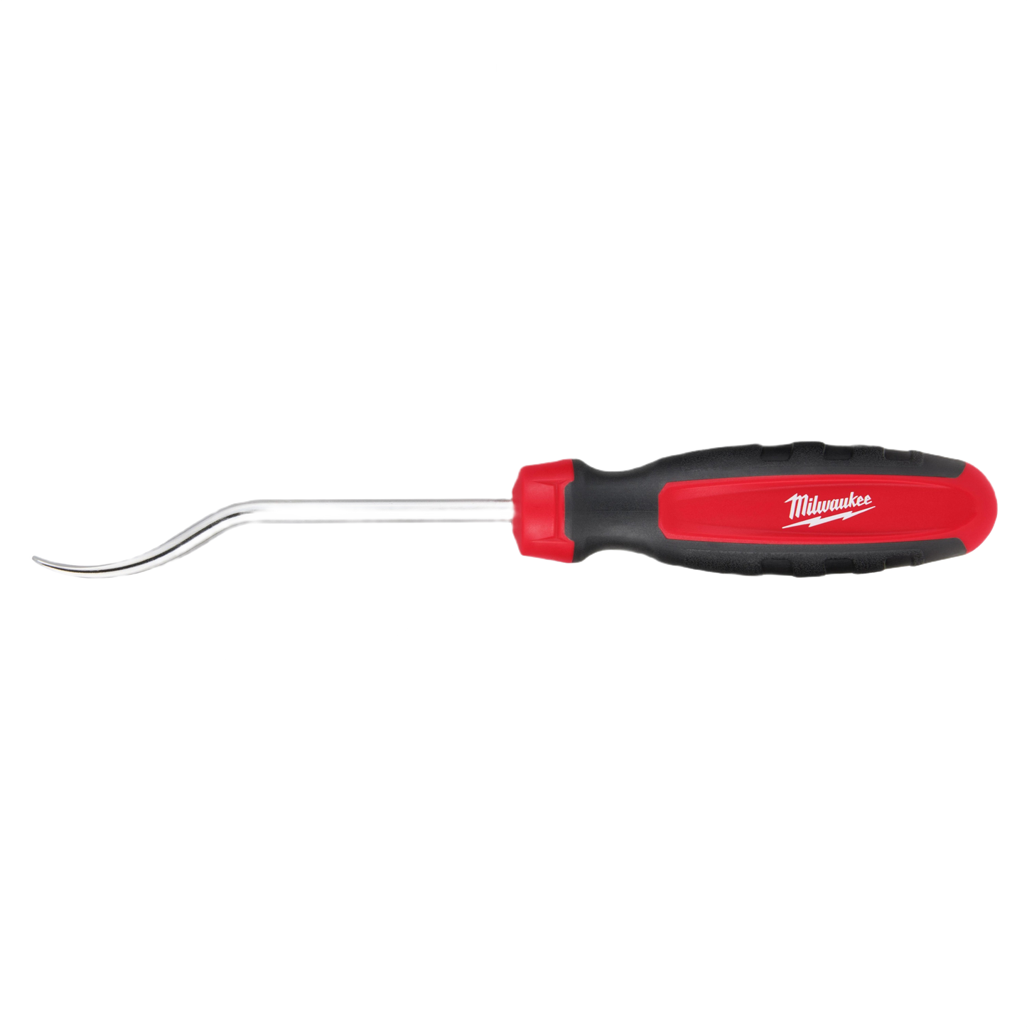 Red and black ergonomic handle with curved metal hook tip for precision home improvement and tool use tasks