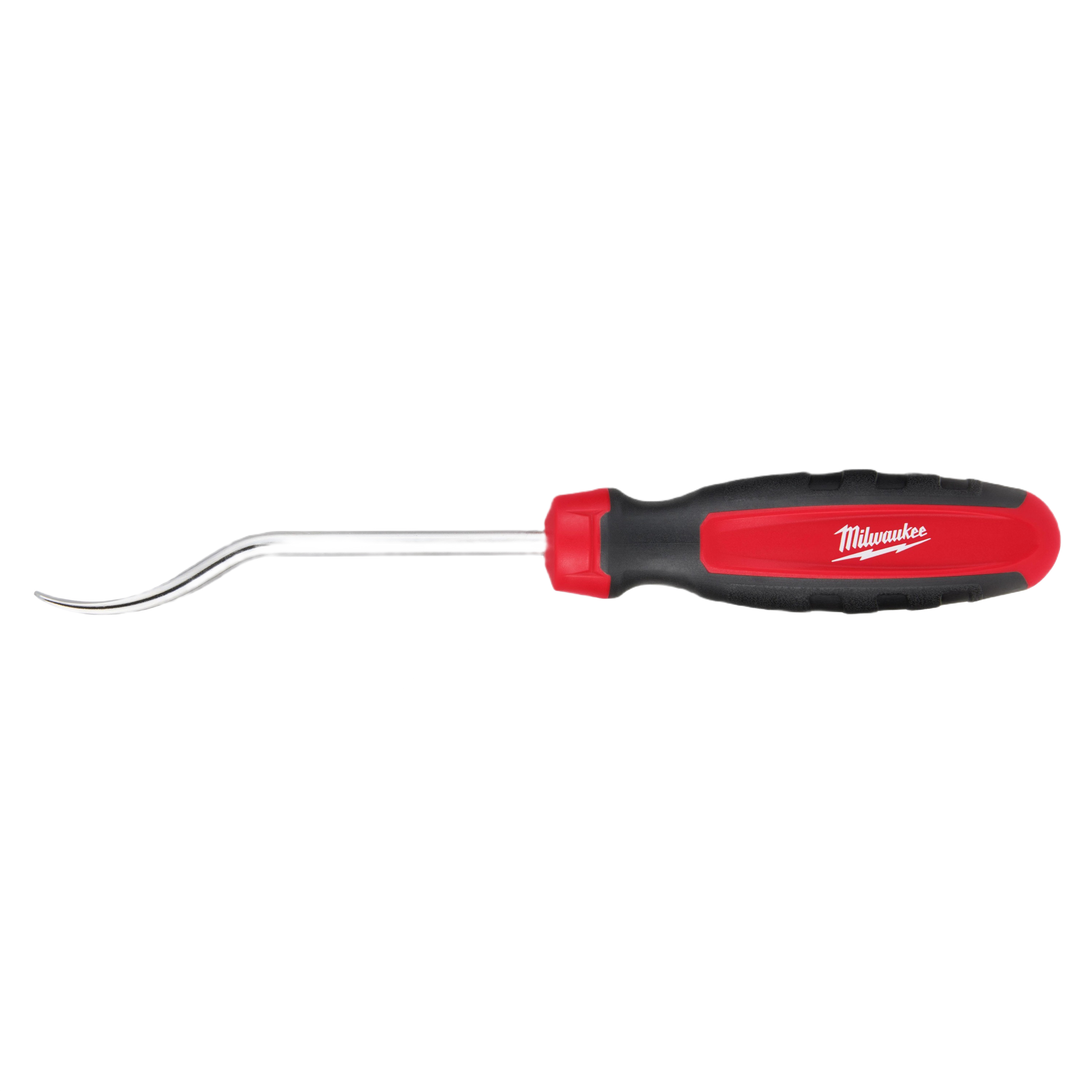 Red and black ergonomic handle with curved metal hook tip for precision home improvement and tool use tasks