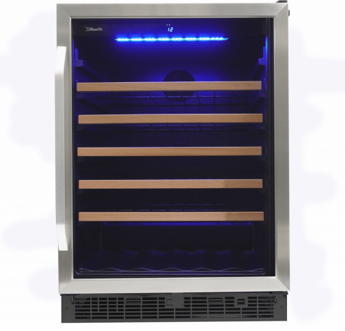 24" single zone wine cellar with stainless steel frame, wooden shelves, blue interior lighting in kitchen appliances collection