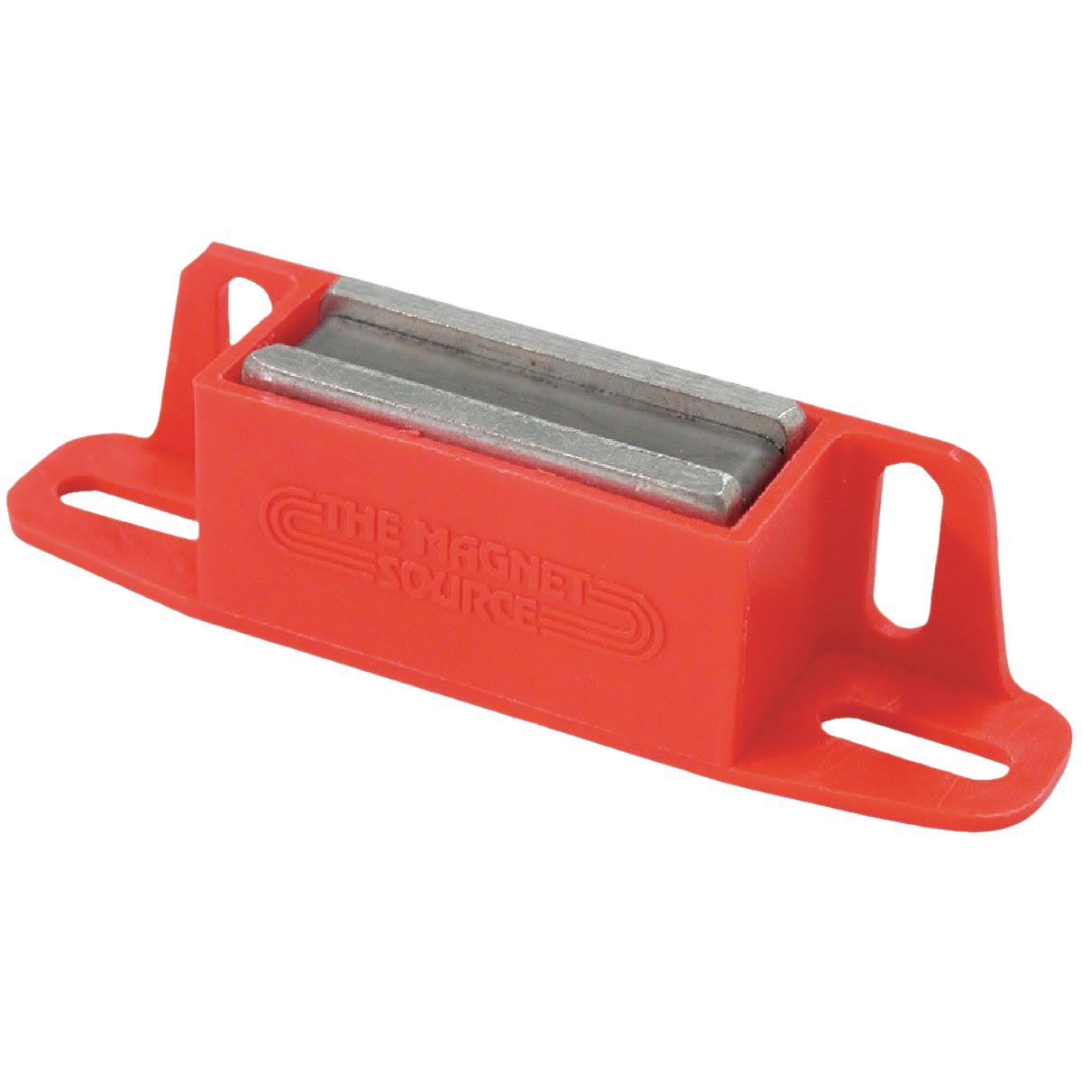 Heavy-duty red plastic latch magnet with elongated mounting holes for secure fastening in hardware and home improvement tools collections under $50