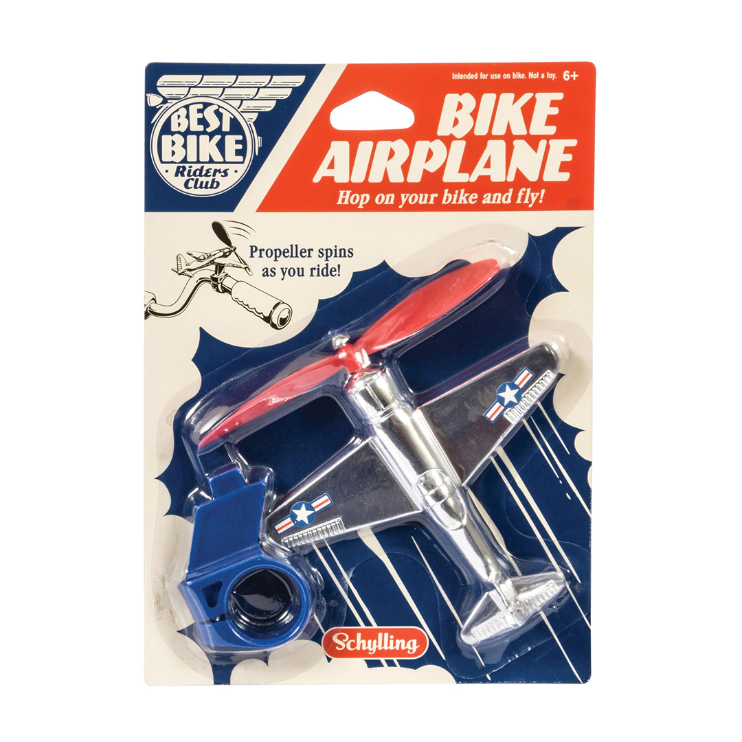 Decorative airplane bike accessory with spinning red propeller and blue mount for handlebars in retail packaging