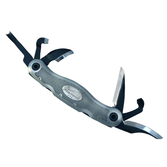 Multi-tool folding carving knife with textured gray handle, part of woodworking tools and carving collections.