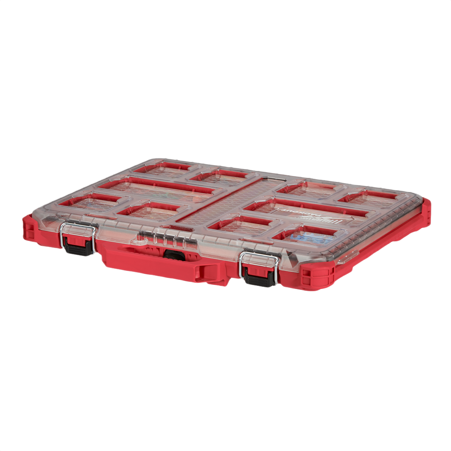 Slim red tool organizer with clear lid and multiple compartments for compact storage in workshop and jobsite settings