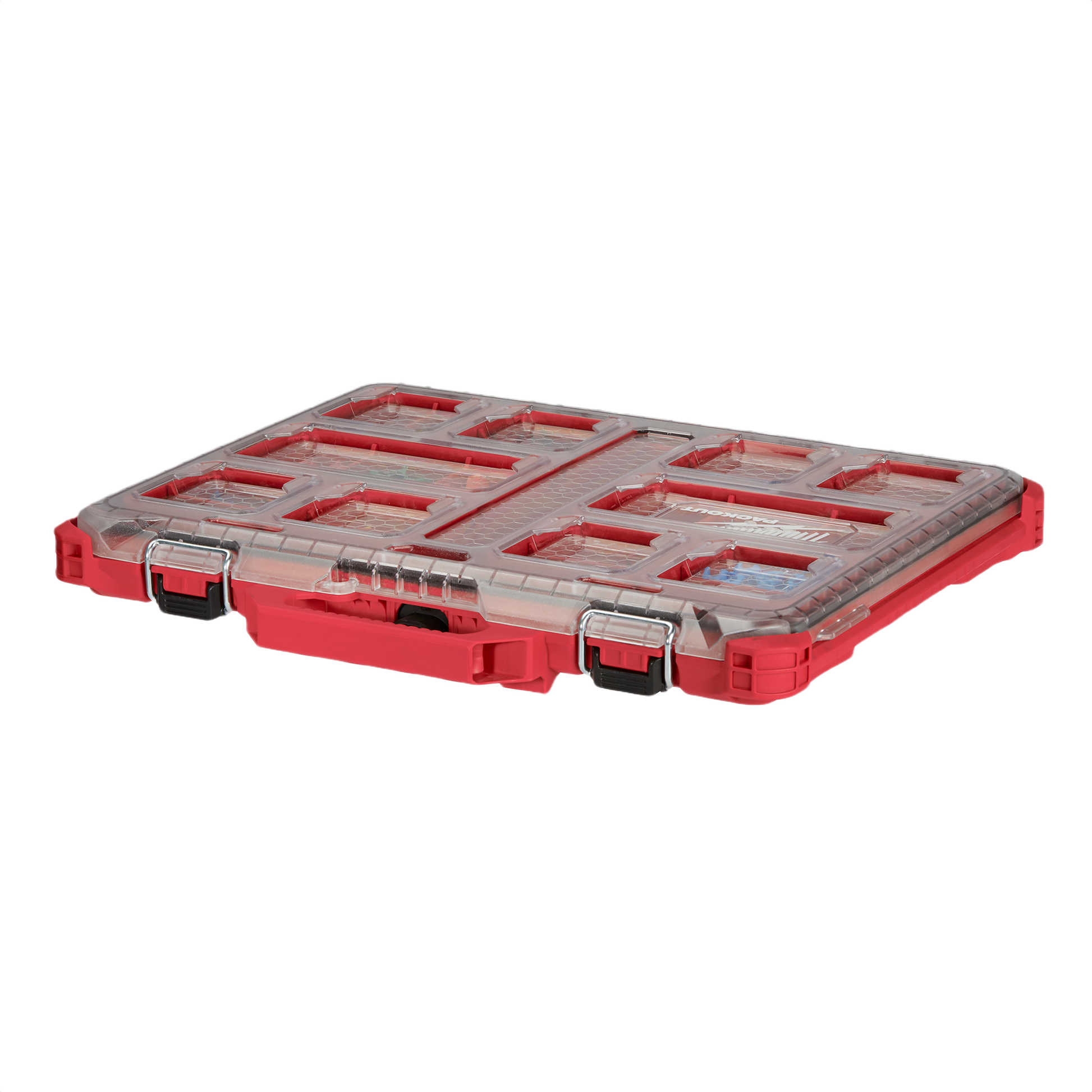 Slim red tool organizer with clear lid and multiple compartments for compact storage in workshop and jobsite settings