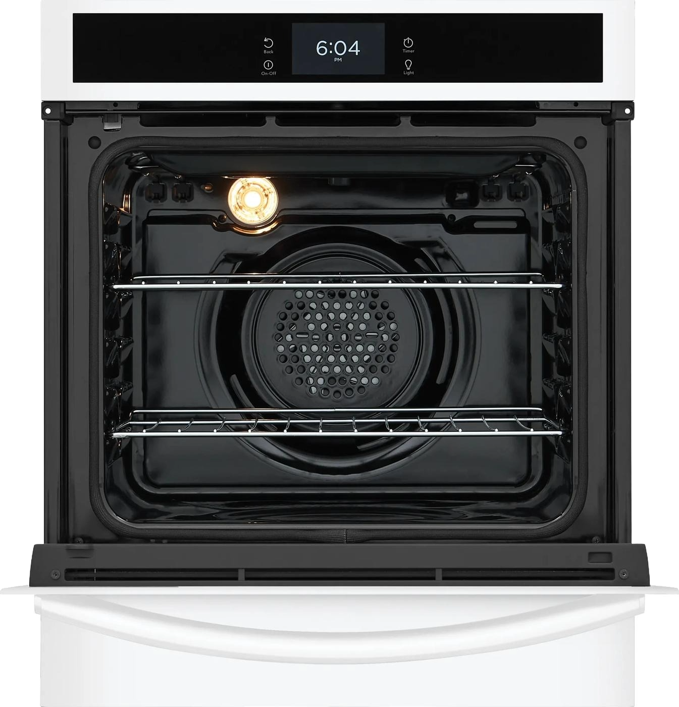 Open front view of a black electric wall oven interior with two chrome racks and a round rear convection fan, part of Single Wall Ovens, Kitchen & Kitchenware, Appliances.