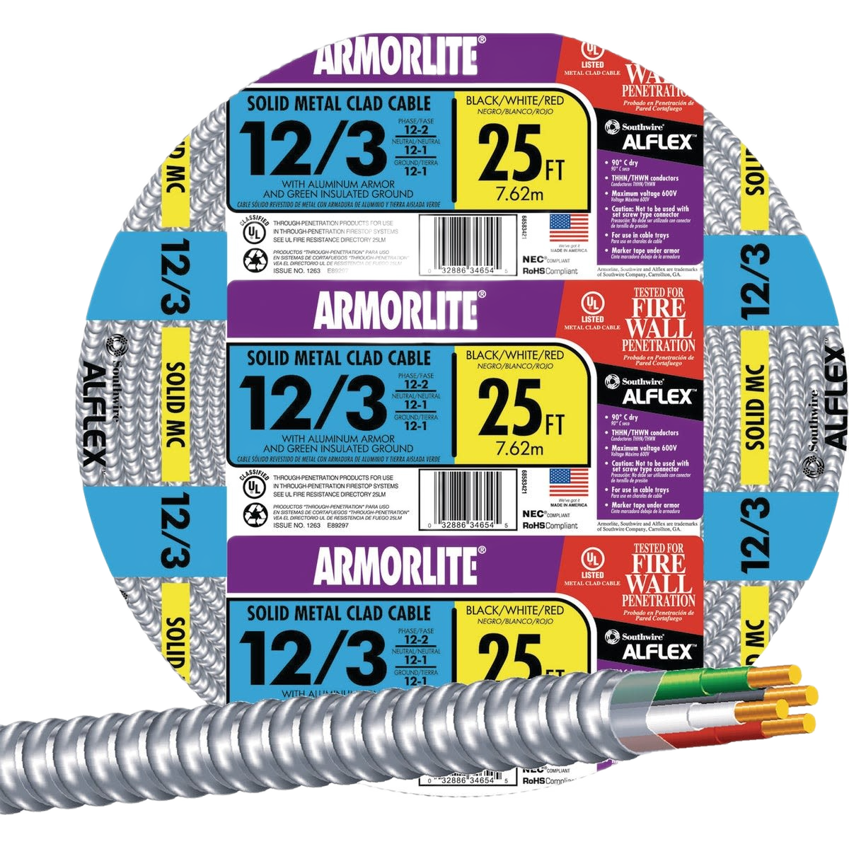 Coiled aluminum armored cable with black, white, and red insulated wires for electrical and armored wire applications