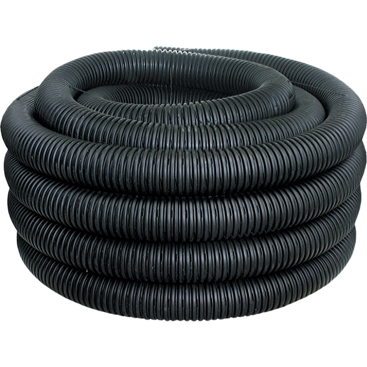 Coiled black corrugated perforated drain pipe for plumbing and drainage projects in home improvement and pipes collection