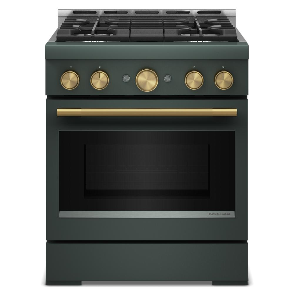 Front view of a green 30-inch KitchenAid commercial-style gas range with four burners and gold control knobs and handle