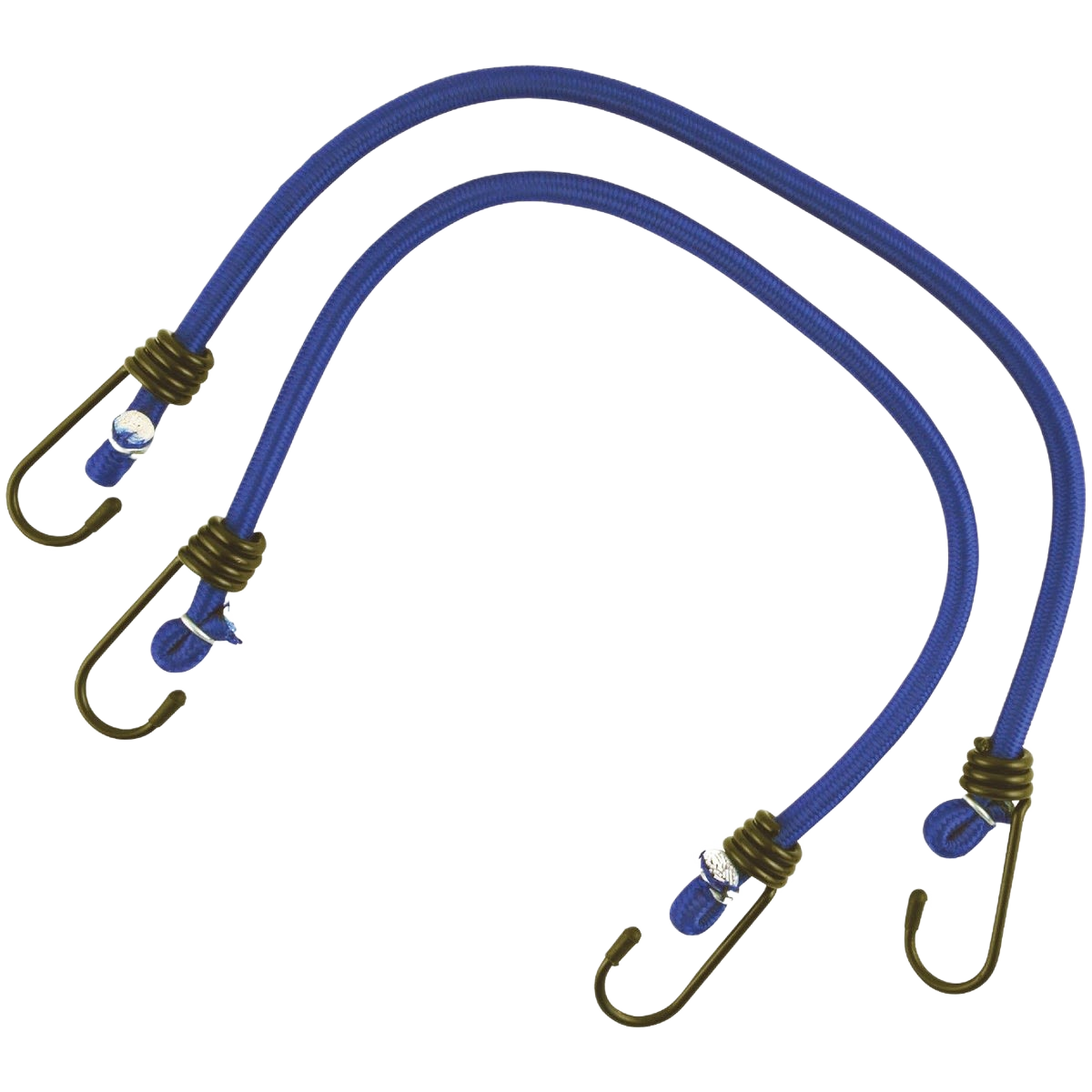 Set of two blue vinyl coated steel bungee cords with metal hooks for securing items in tools and home improvement tasks