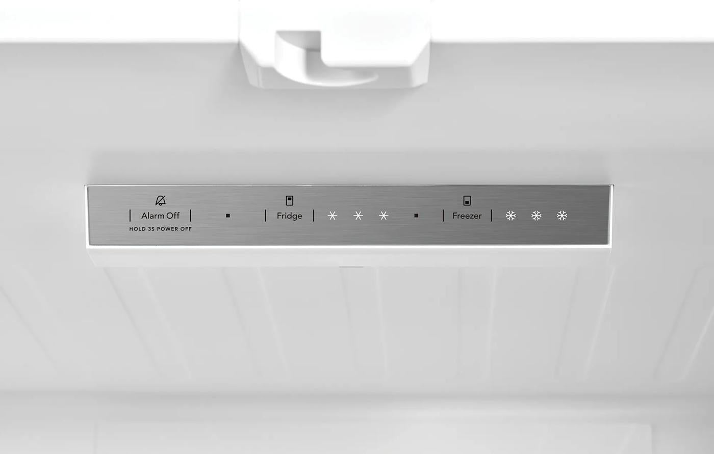 Control panel with LED indicators for fridge and freezer temperature settings and alarm function, designed for kitchen appliances and refrigerators.