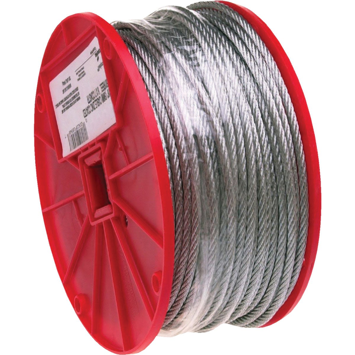 Spool of galvanized steel wire cable with red plastic reel in hardware and home improvement tools collection