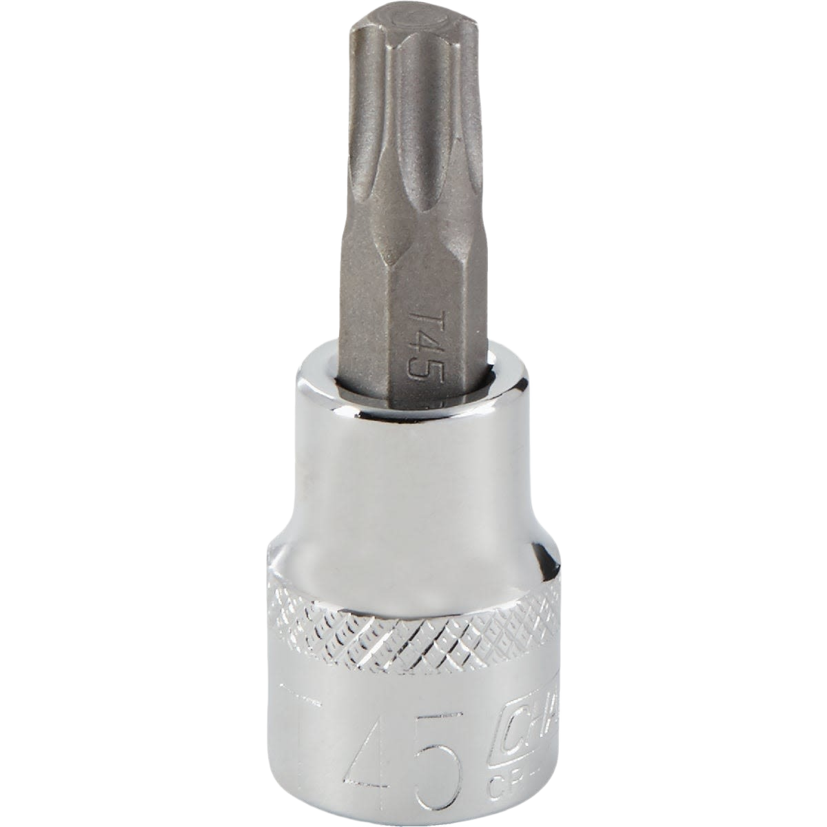 T45 6-point Torx bit socket with textured grip, polished chrome vanadium steel for woodworking and home improvement tools