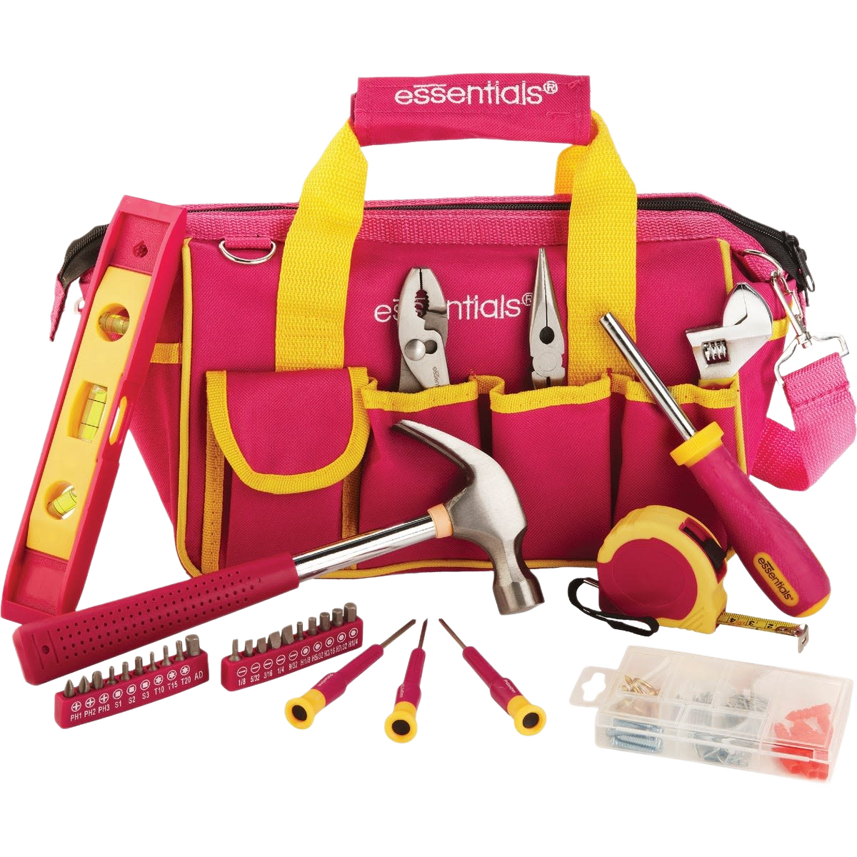 Pink and yellow tool bag with hammer, pliers, screwdrivers, level, tape measure, and assorted homeowner tools under $100 collection