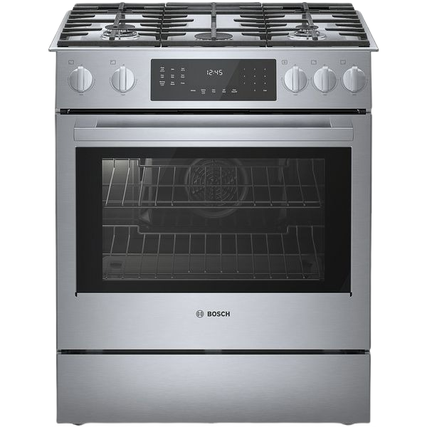 30-inch stainless steel gas slide-in range with heavy-duty metal knobs and touchscreen controls for kitchen appliances