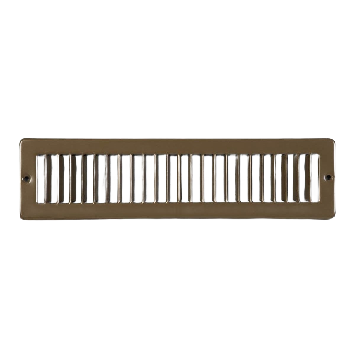 Brown metal toe space grille with vertical slots and mounting holes for plumbing and home improvement projects