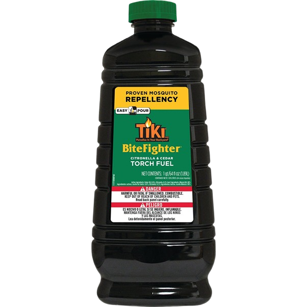 Plastic bottle of cedar and citronella torch fuel for outdoor insect and pest control in lawn and garden settings